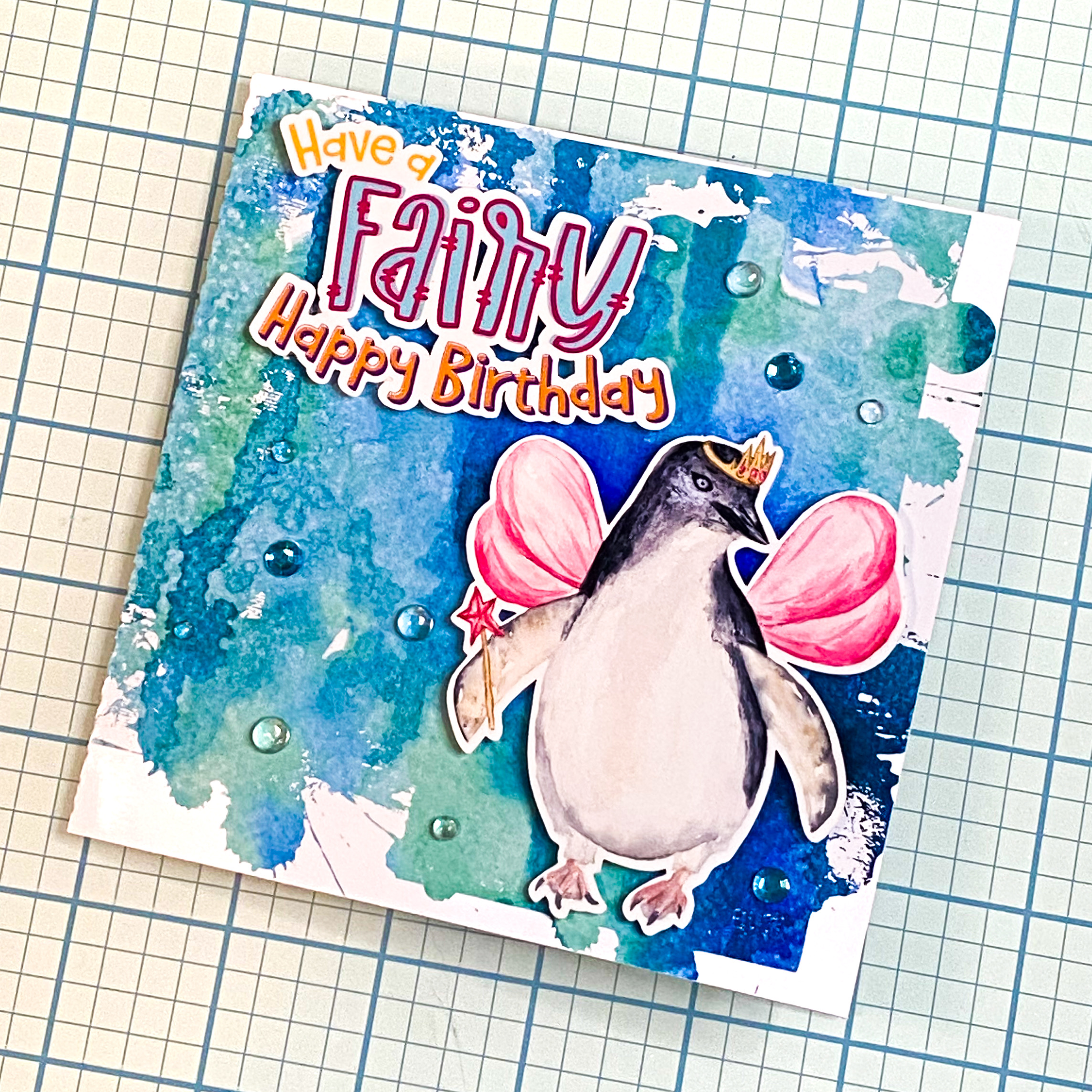 Have a Fairy Happy Birthday Fairy Penguin Card created with SVG Clipping Mask and Printable Watercolor Background by Clikchic Designs