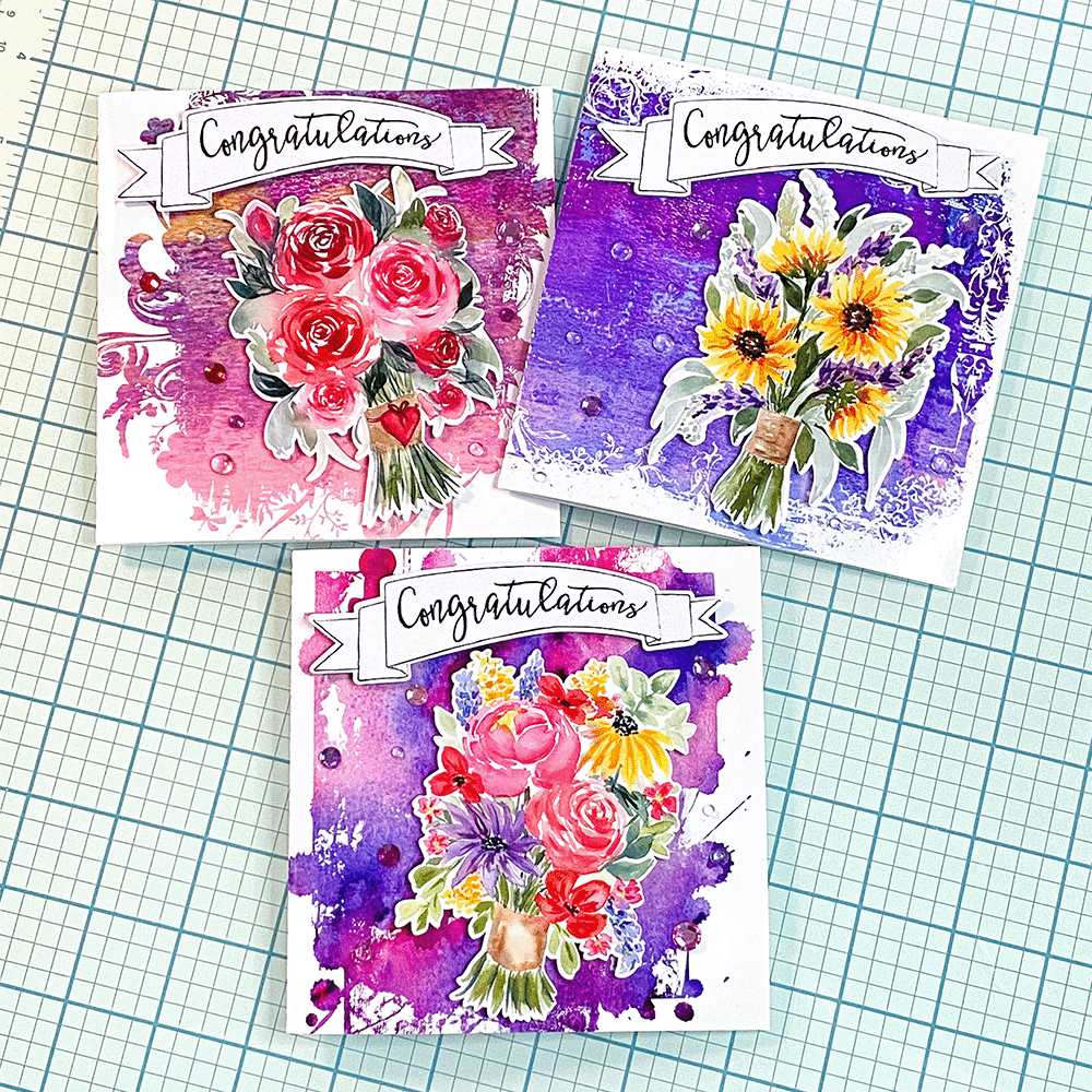 Congratulations Cards Created with Congratulations Doodled Banner, SVG Clipping Masks and Printable Backgrounds on Card Base and Print and Cut Floral Bouquets by Clikchic Designs