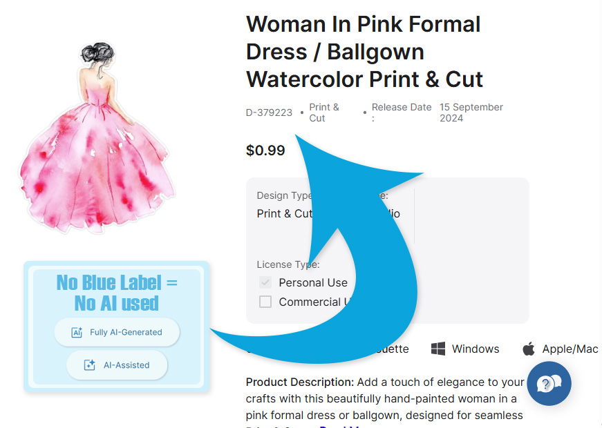 Screenshot showing possible AI labels and where they will appear on designs in the silhouette design store. If there is no label there is no AI used.