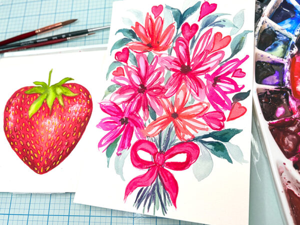 Painting of heart shaped strawberry and abstract whimsical flowers with paint brushes and watercolor palette by Clikchic Designs.