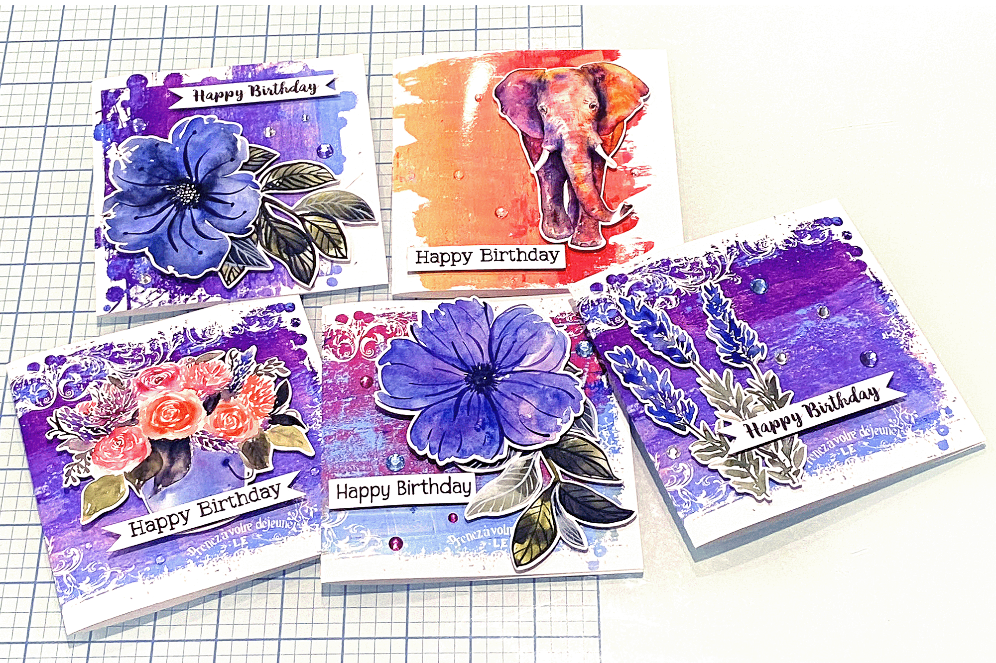 Grunge Monprint Cards using SVG Clipping Masks and Watercolor Print and Cut Images by Clikchic Designs