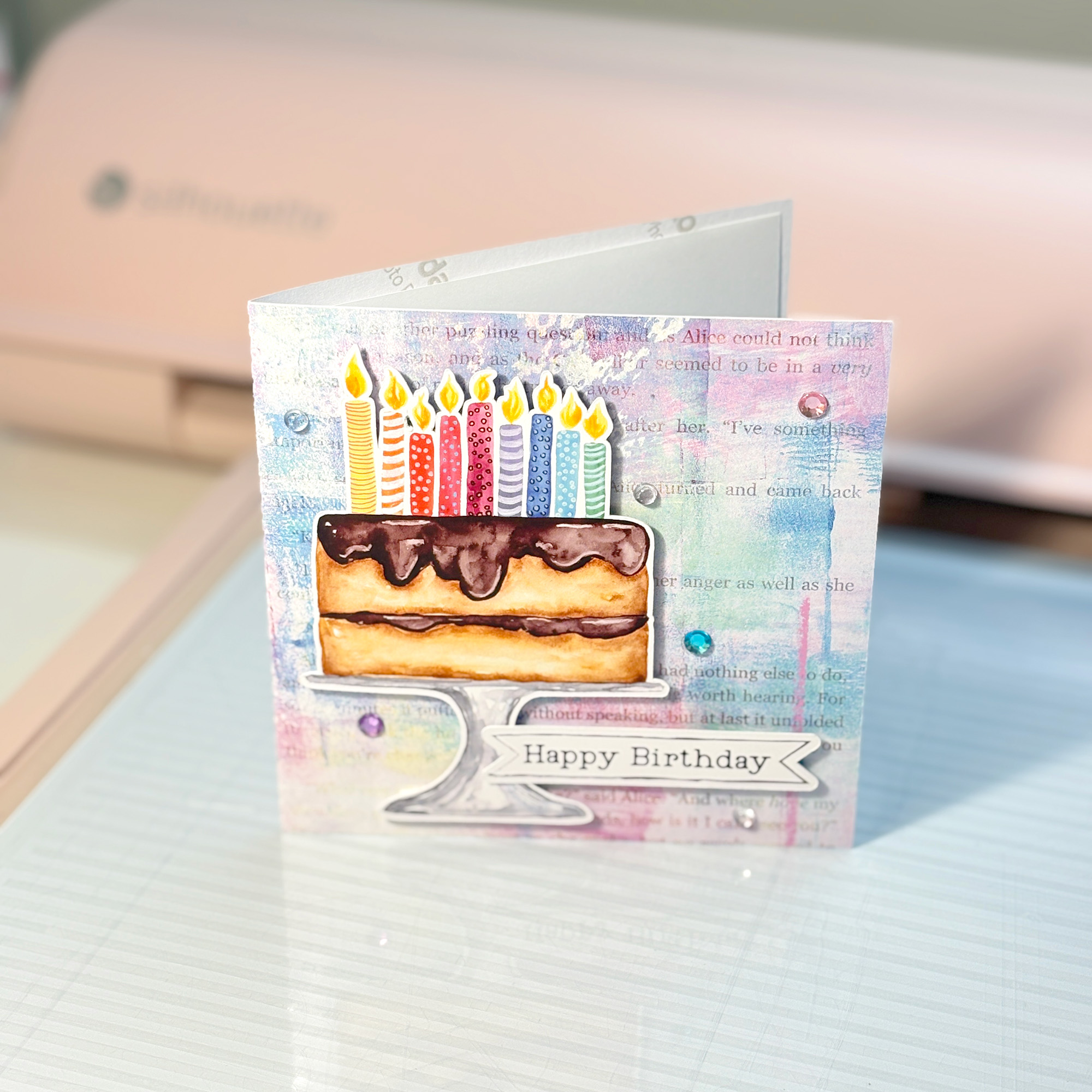 Chocolate Ganache Cake with Candles Birthday Card featuring Doodled Sentiment Happy Birthday Frame and Printable Background by Clikchic Designs