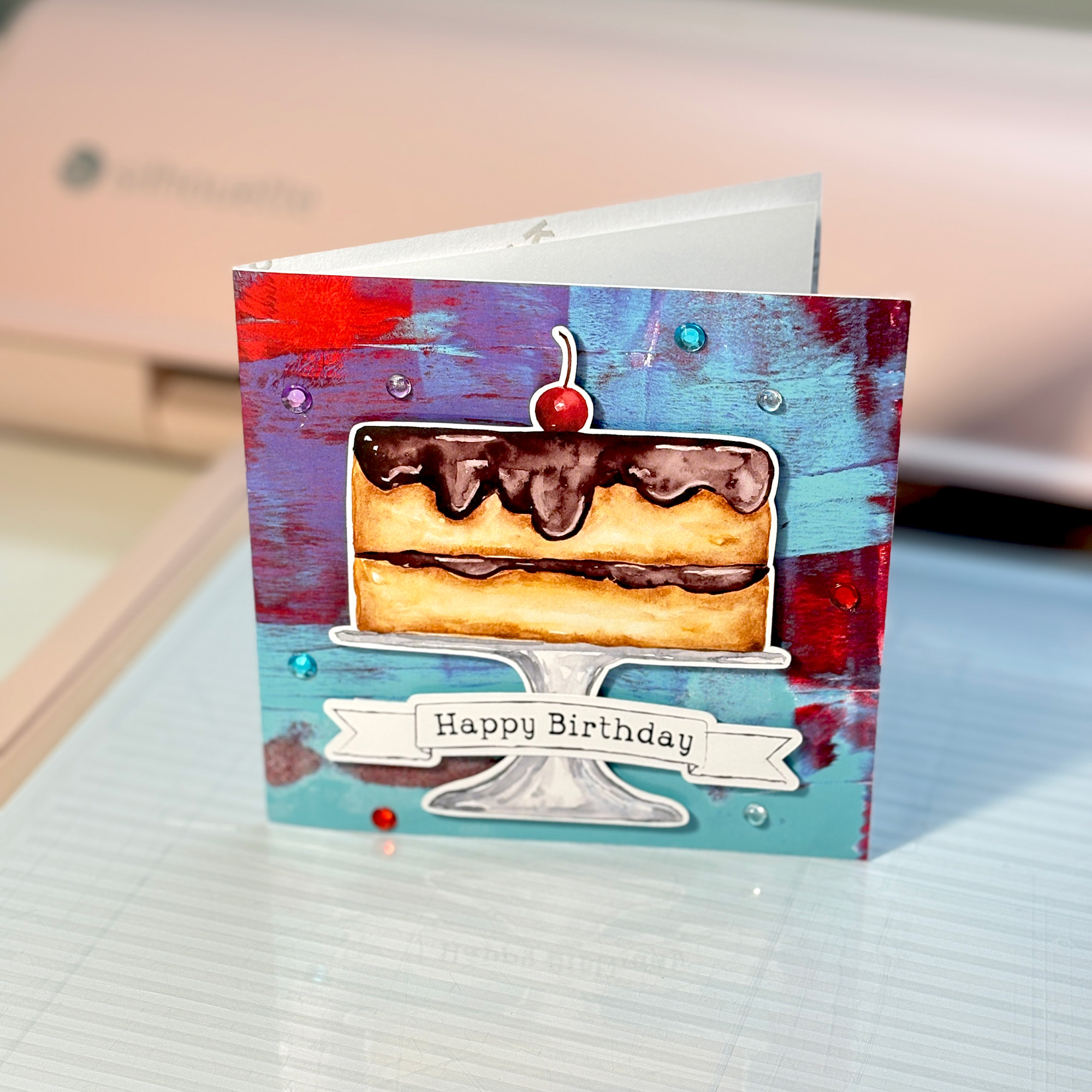 Chocolate Ganache Cherry Cake Birthday Card featuring Doodled Sentiment Happy Birthday Frame and Printable Background by Clikchic Designs