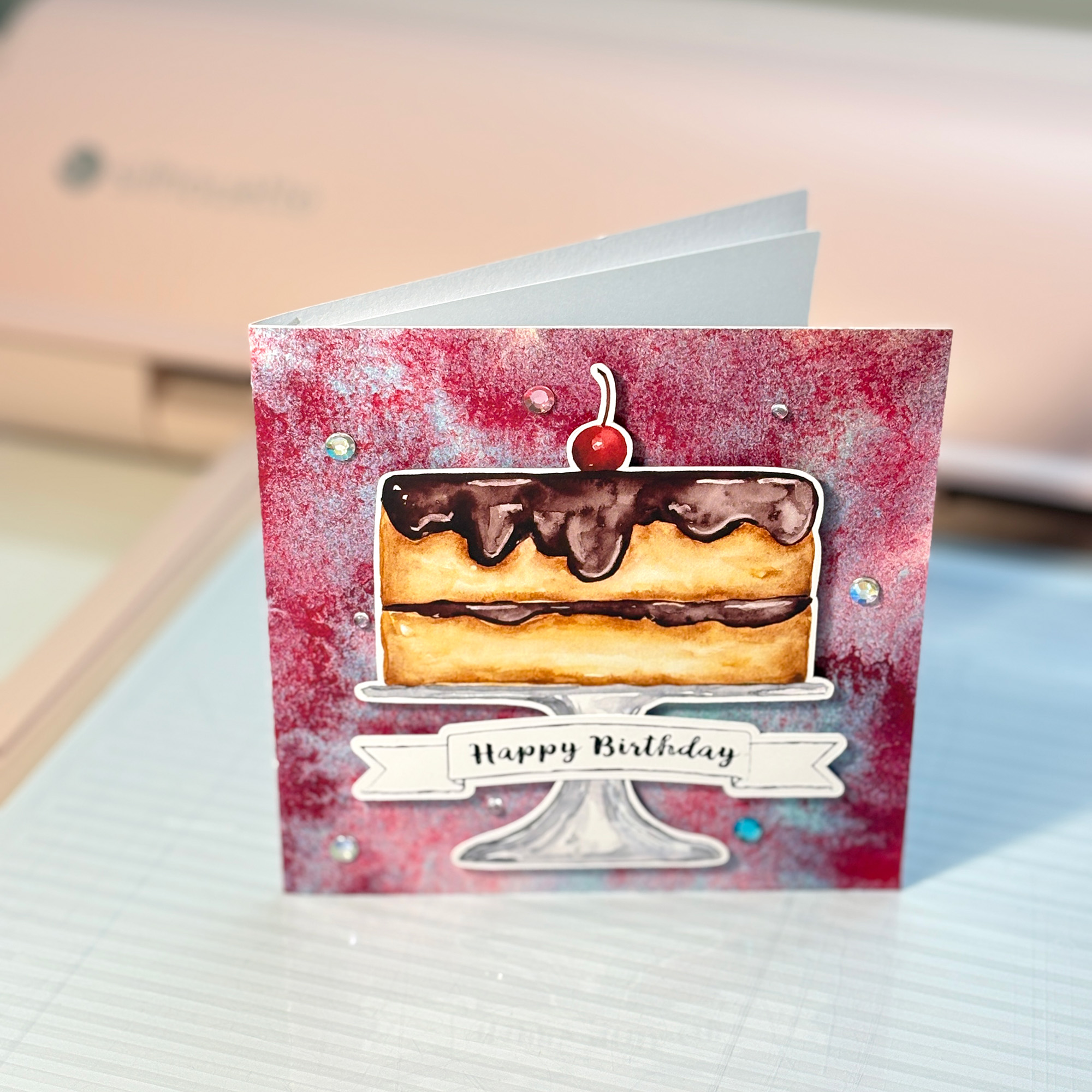 Chocolate Ganache Cherry Cake Birthday Card featuring Doodled Sentiment Happy Birthday Frame and Printable Background by Clikchic Designs