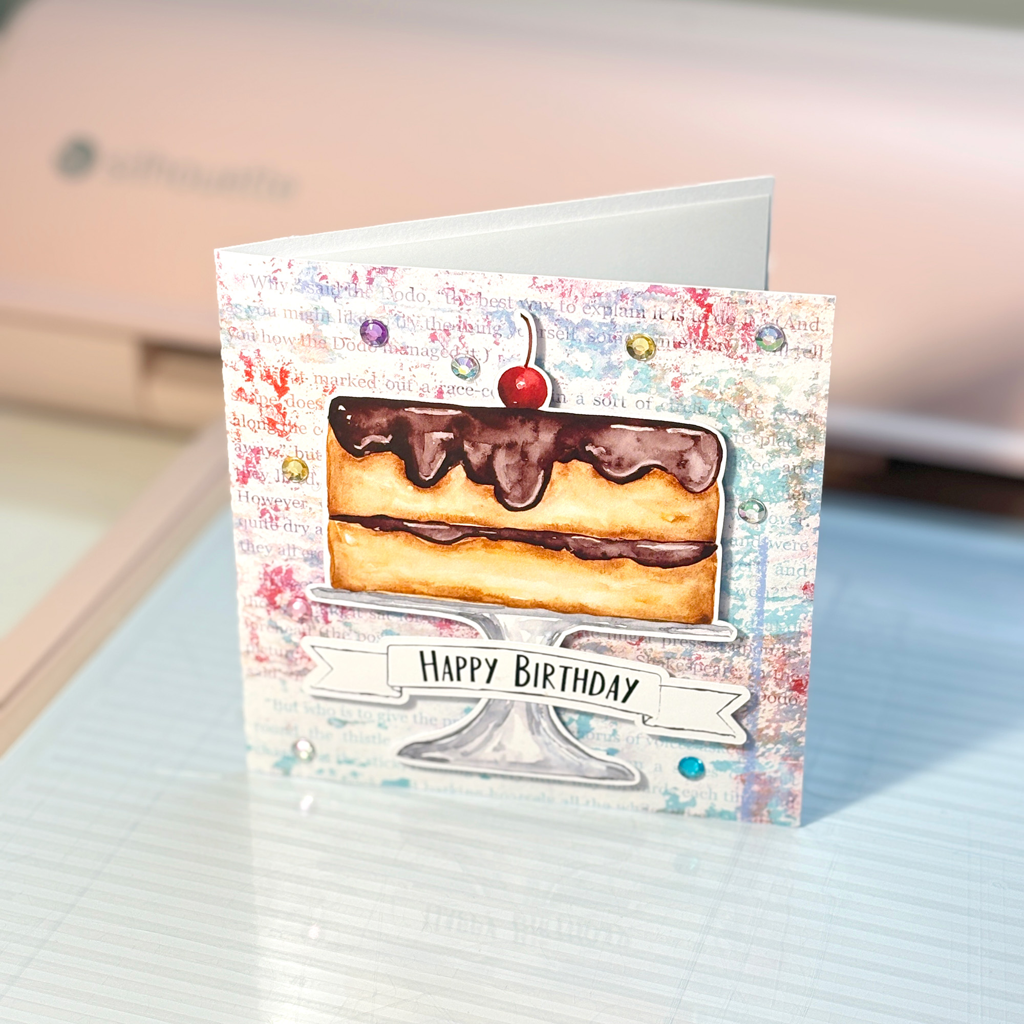 Chocolate Ganache Cherry Cake Birthday Card featuring Doodled Sentiment Happy Birthday Frame and Printable Background by Clikchic Designs