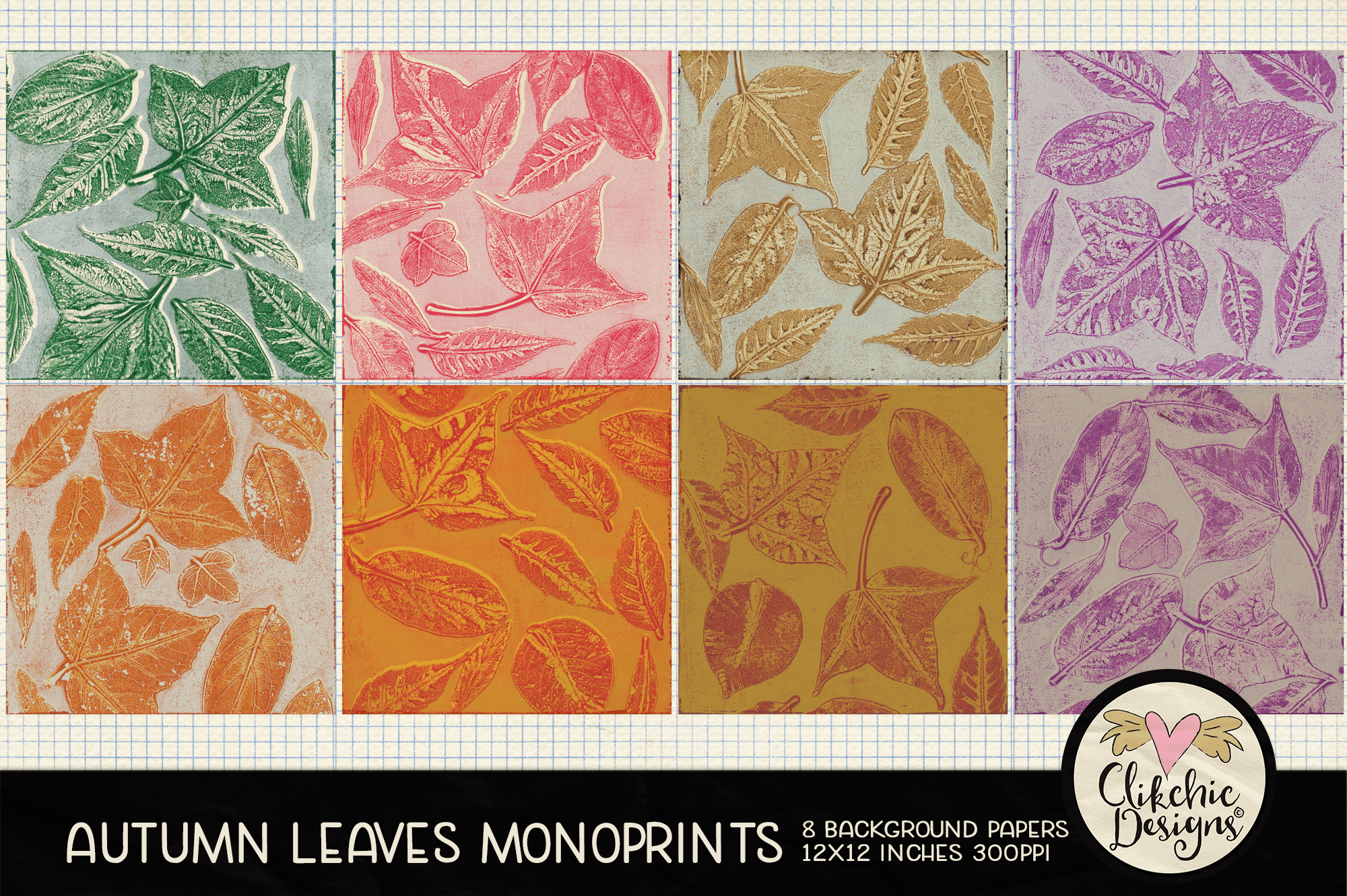 Autumn Leaves Monoprint Printable Background Papers by Clikchic Designs