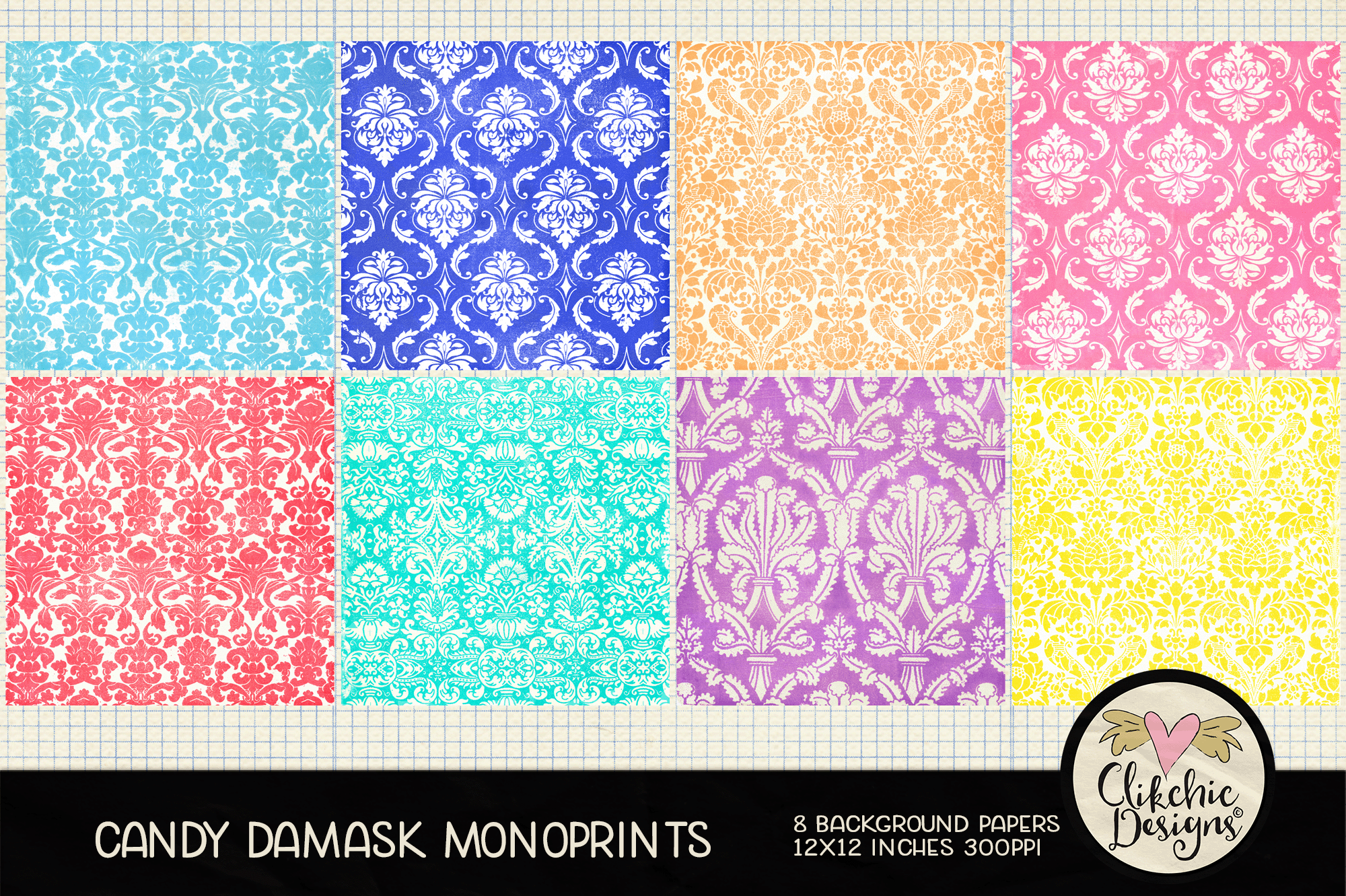 Candy Damask Monoprint Backgrounds by Clikchic Designs