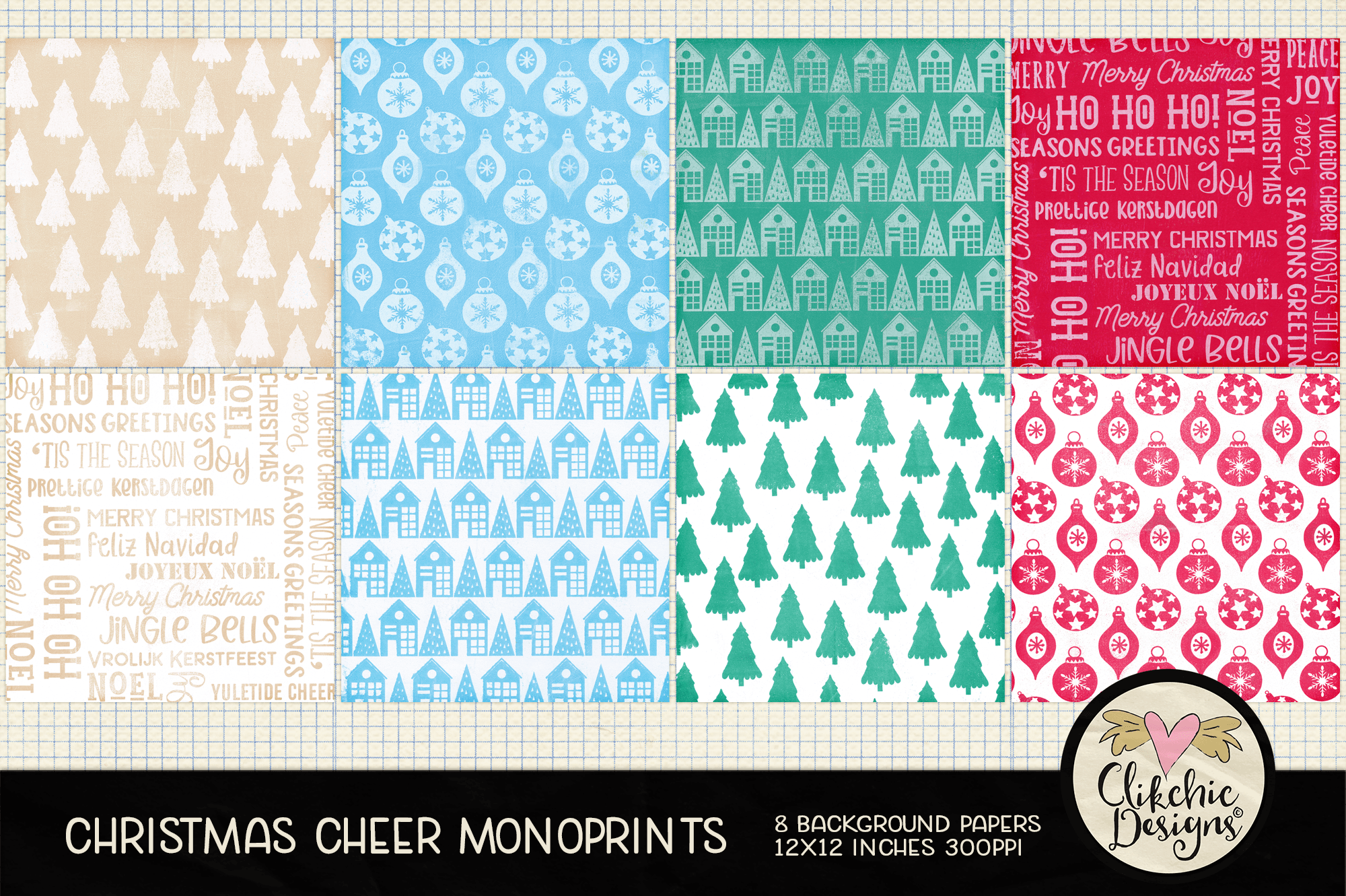 Christmas Cheer Monoprint Background Papers by Clikchic Designs