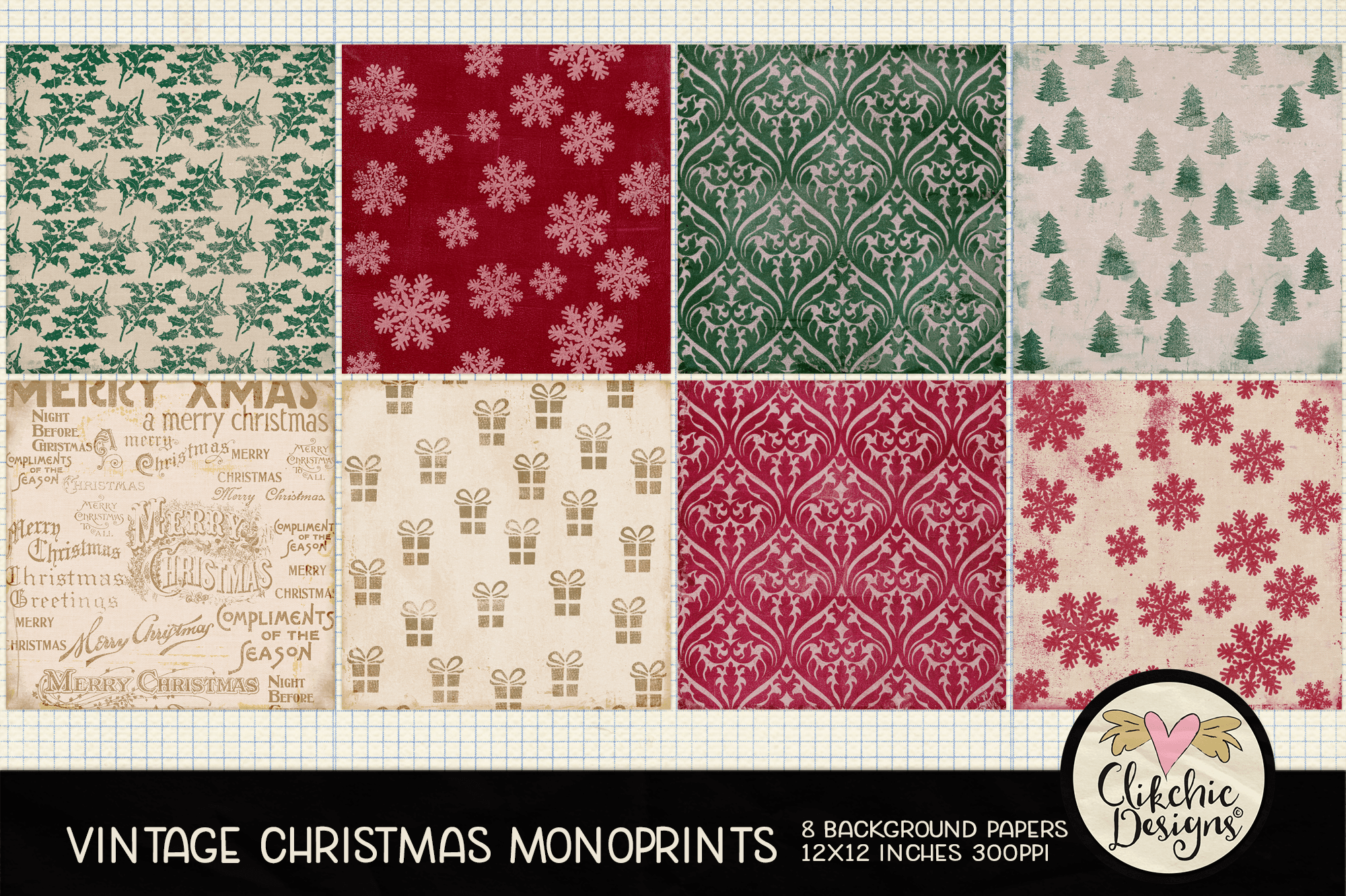 Vintage Christmas Monoprint Background Papers by Clikchic Designs