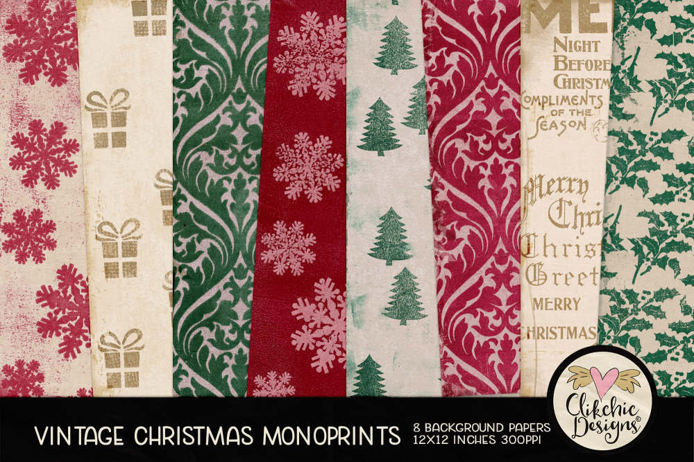 Vintage Christmas Monoprint Background Papers by Clikchic Designs