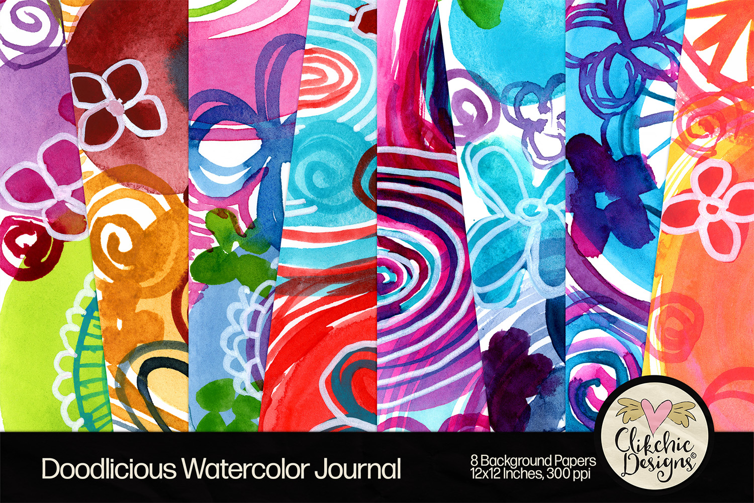Doodlicious Watercolor Journal Printable Backgrounds by Clikchic Designs