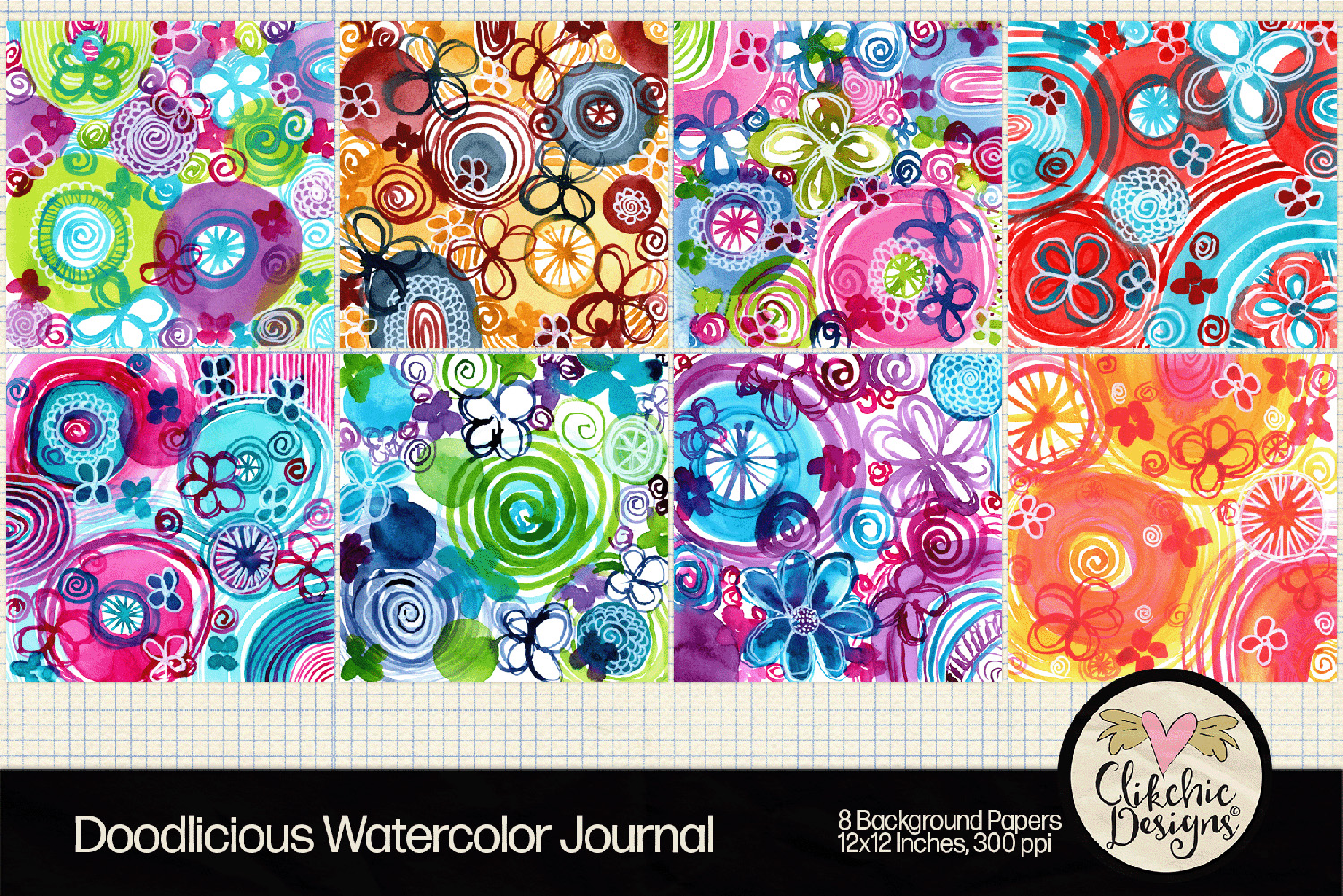 Doodlicious Watercolor Journal Printable Backgrounds by Clikchic Designs