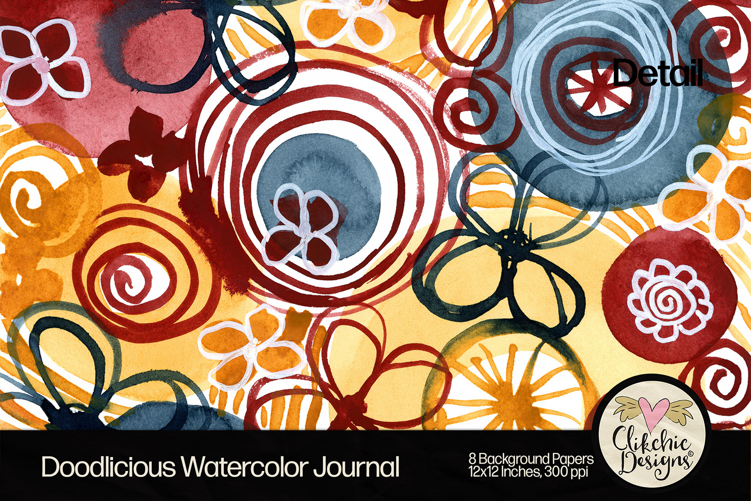 Ochre Indigo Rust Red Doodlicious Watercolor Journal Printable Backgrounds by Clikchic Designs