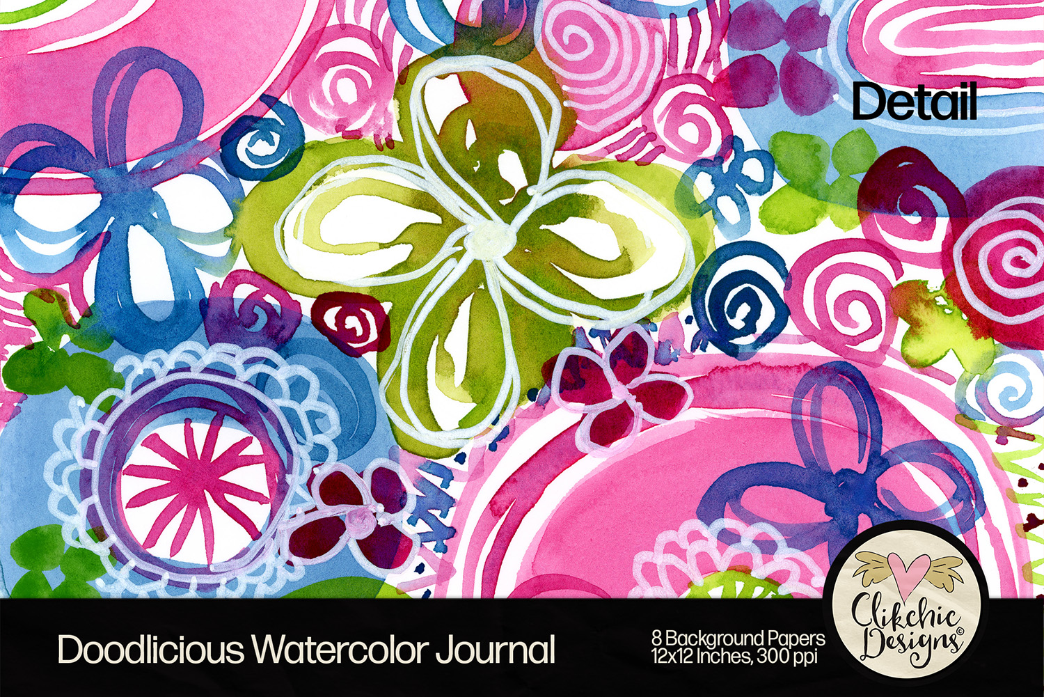 Pink, Lime and Turquoise Doodlicious Watercolor Journal Printable Backgrounds by Clikchic Designs