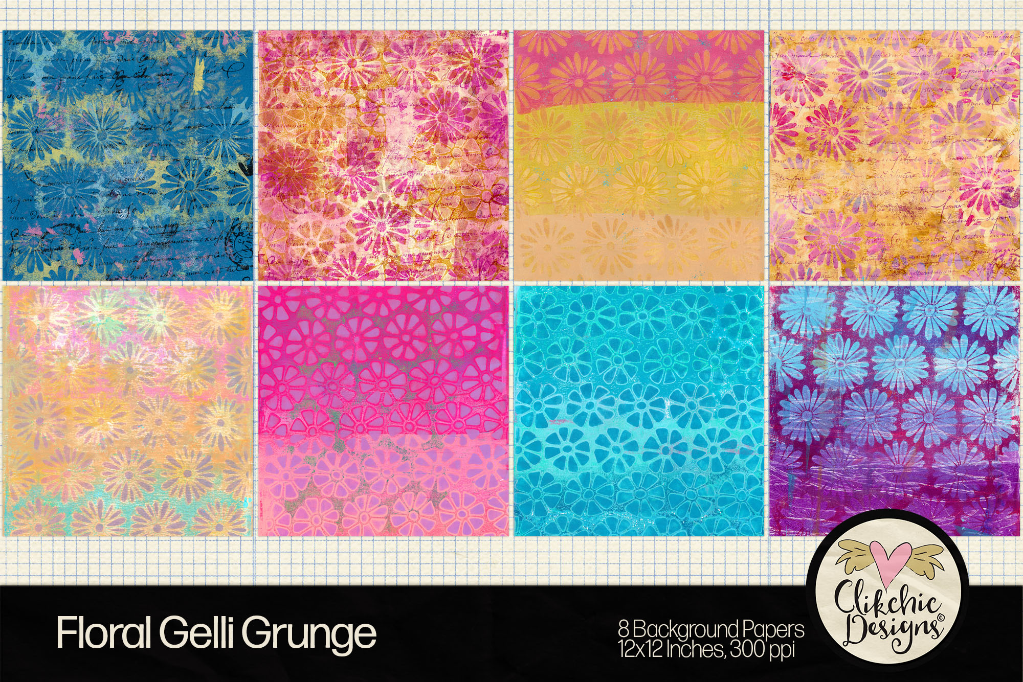 Floral Gelli Grunge Monoprint Backgrounds by Clikchic Designs