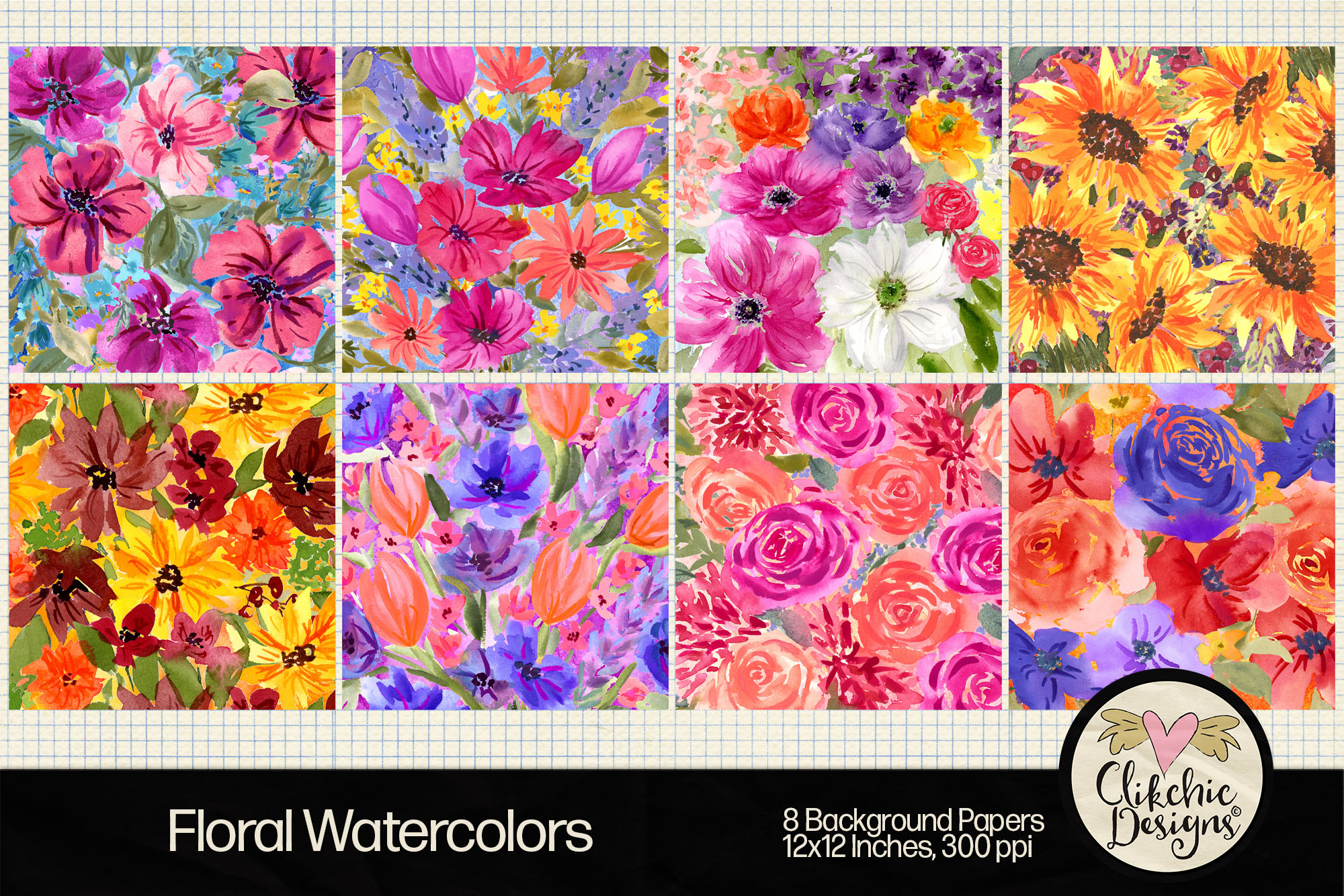 Floral Watercolor Printable Background Papers by Clikchic Designs