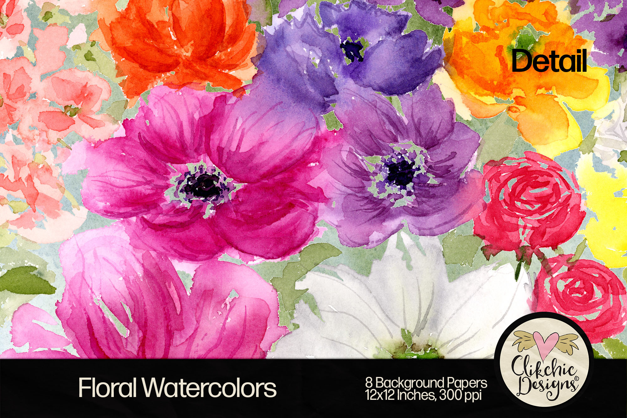 Floral Watercolor Printable Background Papers by Clikchic Designs