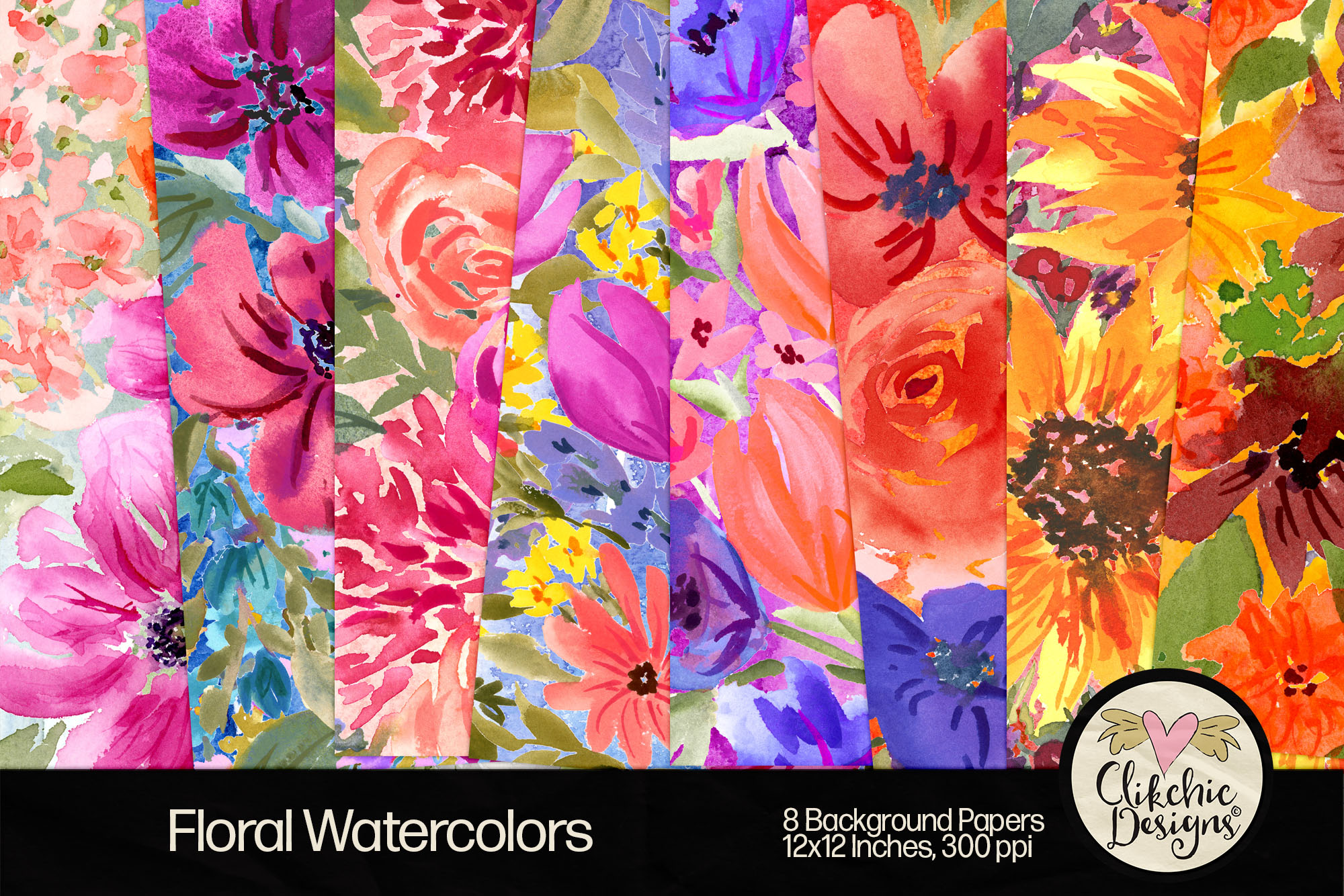 Floral Watercolor Printable Background Papers by Clikchic Designs