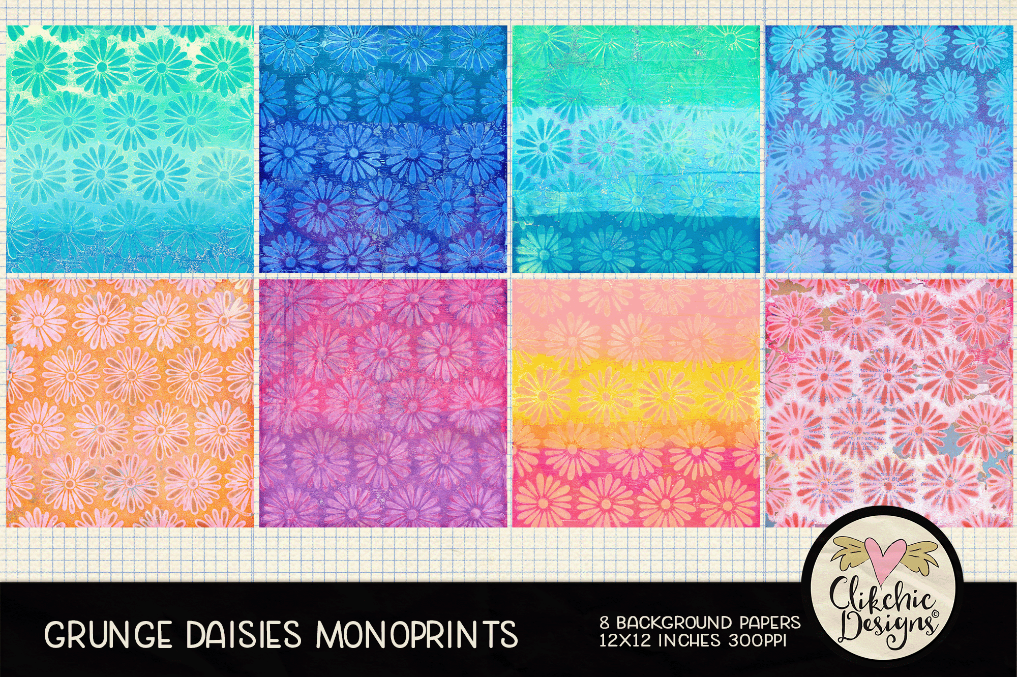 Grunge Daisies Monoprint Background Paper Pack by Clikchic Designs