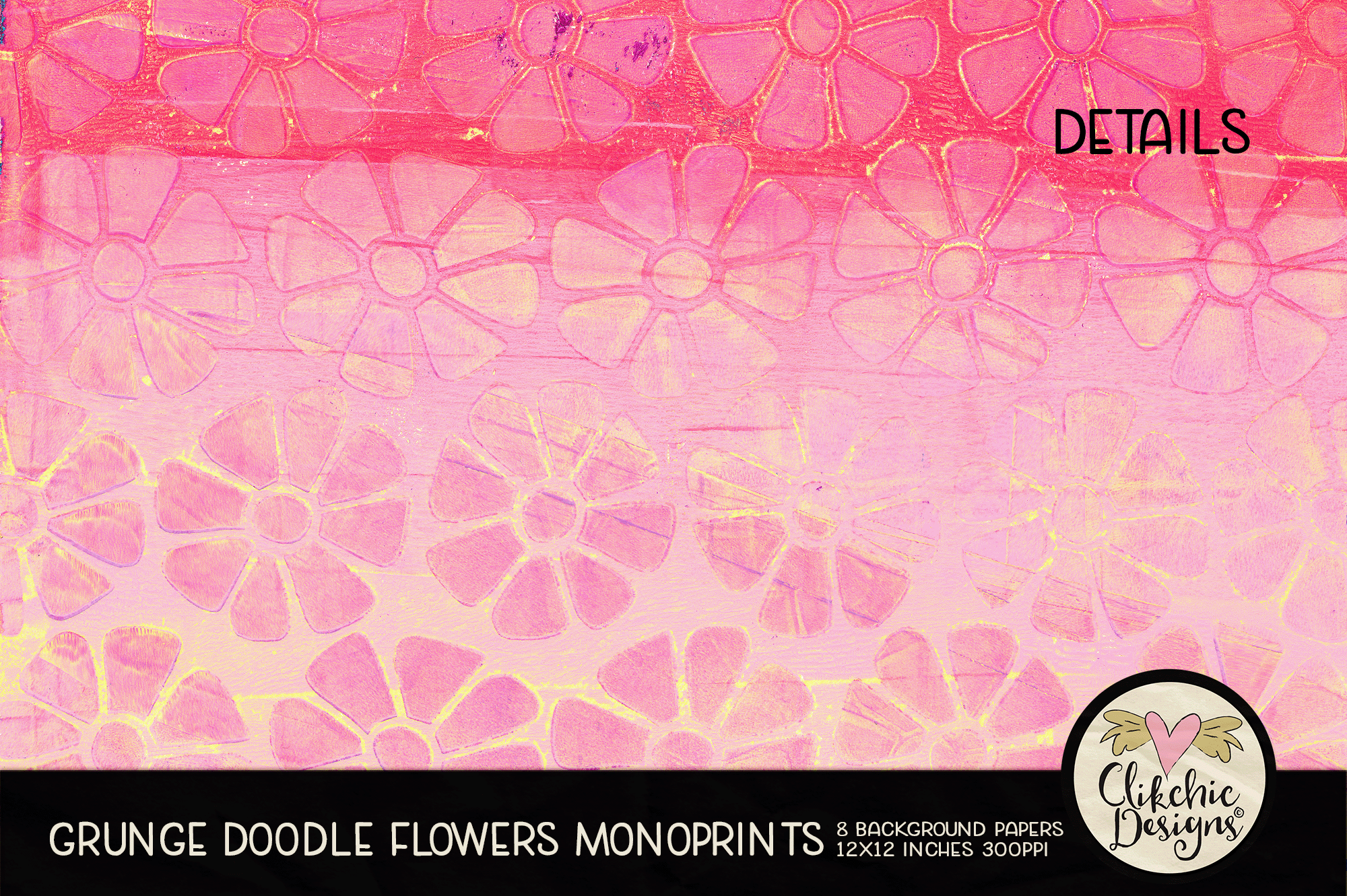 Doodle Flowers Grunge Monoprint Background Papers