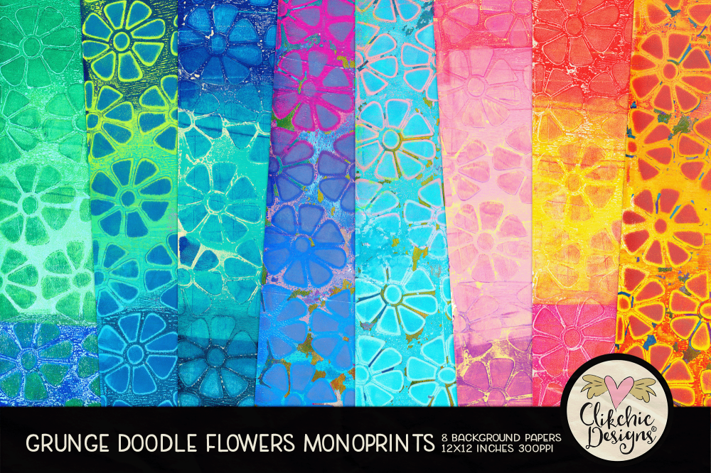 Doodle Flowers Grunge Monoprint Background Papers