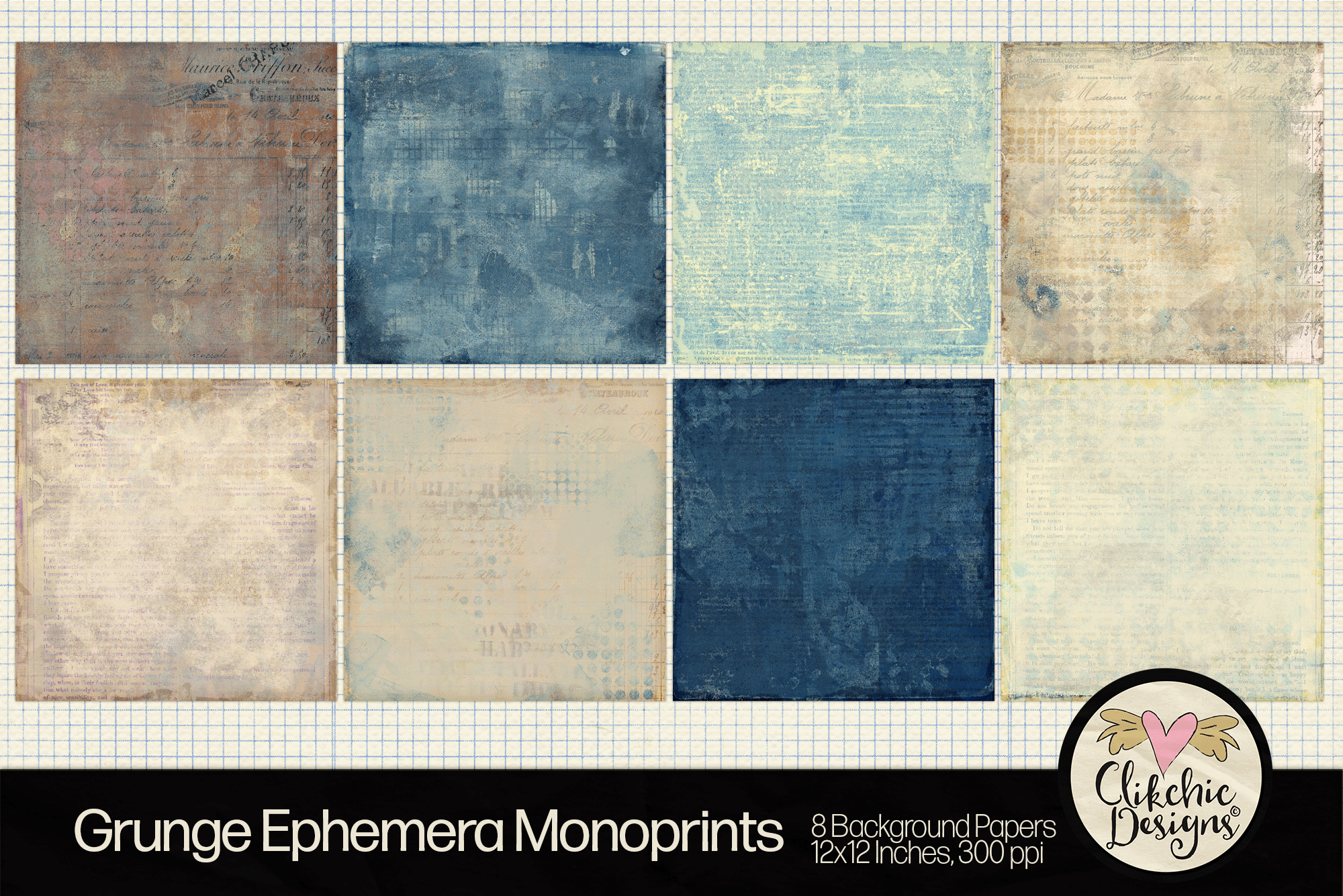 Grunge Ephemera Monoprints Background Paper Pack by Clikchic Designs