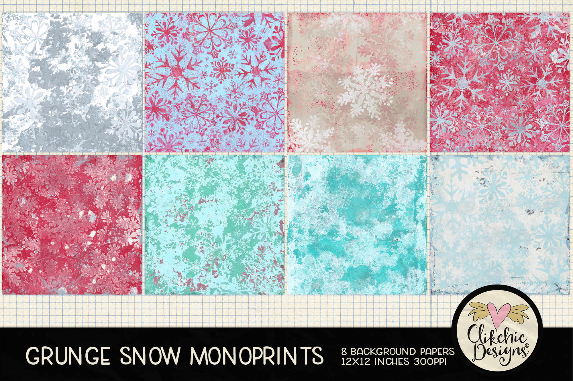 Grunge Snow Christmas Monoprint Background Papers by Clikchic Designs