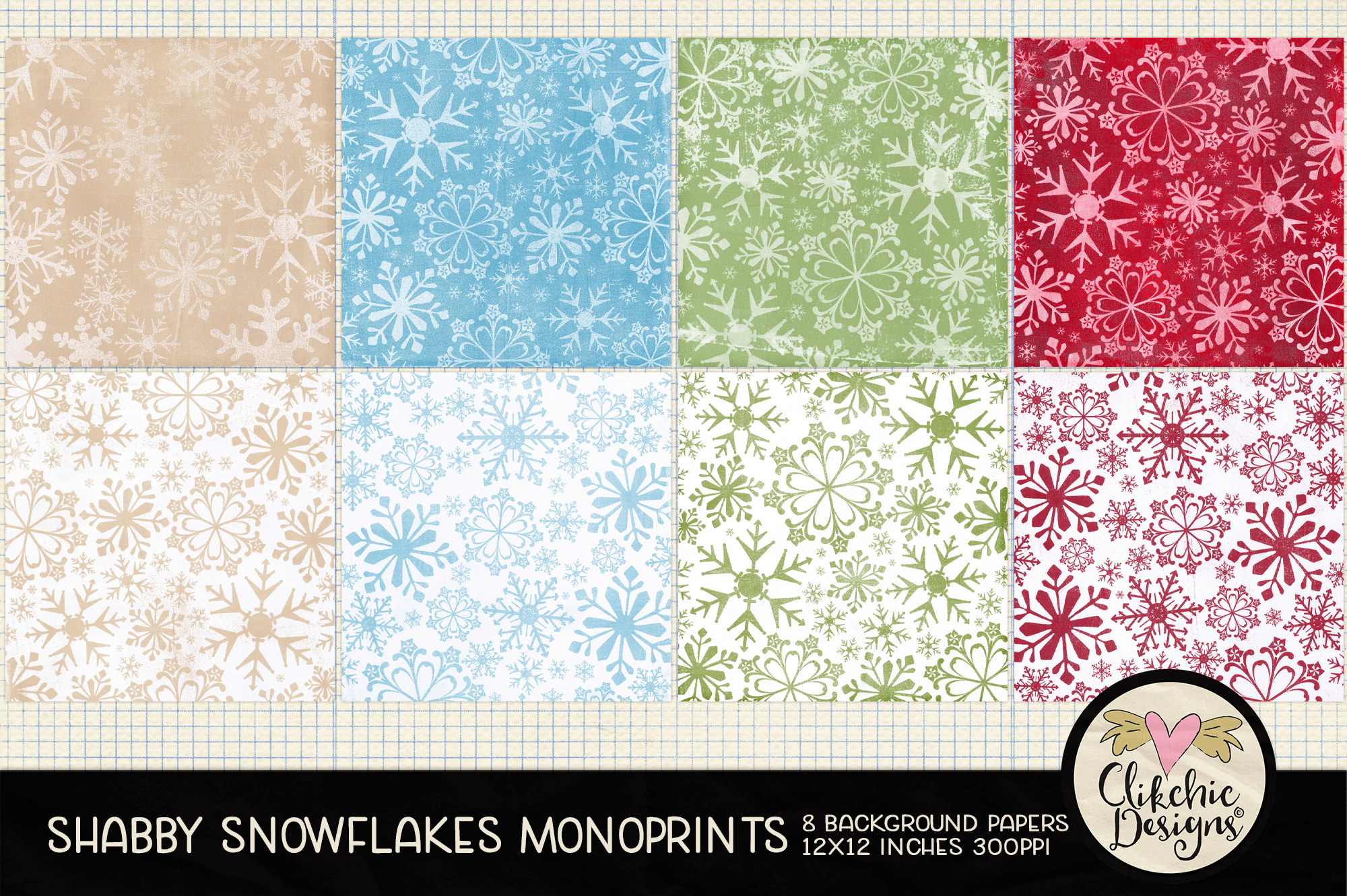 Shabby Snowflakes Christmas Monoprint Background Papers by Clikchic Designs