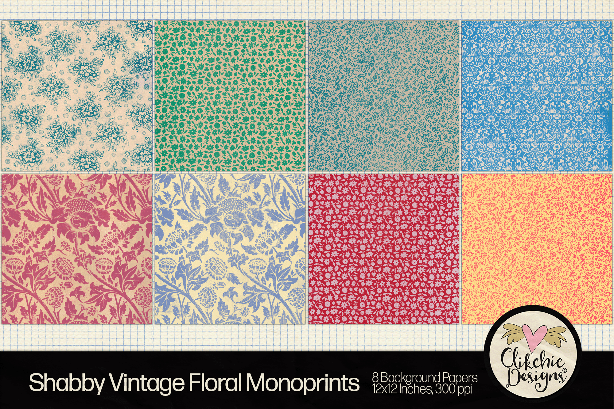 Shabby Floral Vintage Monoprint Backgrounds by Clikchic Designs