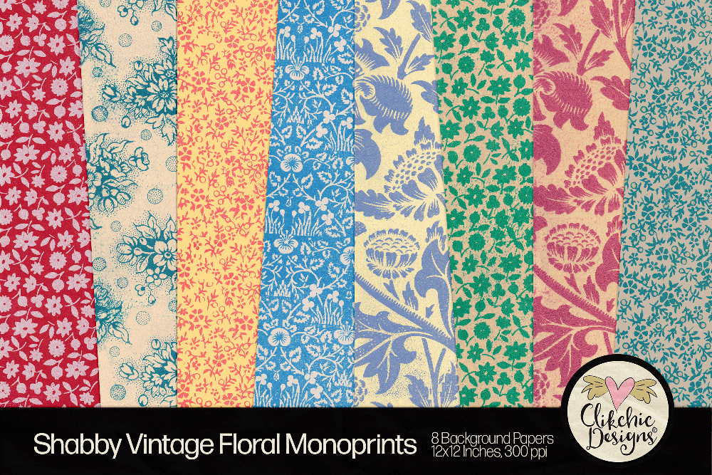 Shabby Floral Vintage Monoprint Backgrounds by Clikchic Designs