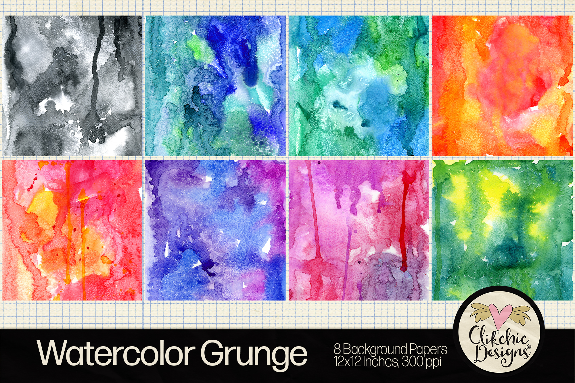 Watercolor Grunge Background Paper Pack by Clikchic Designs