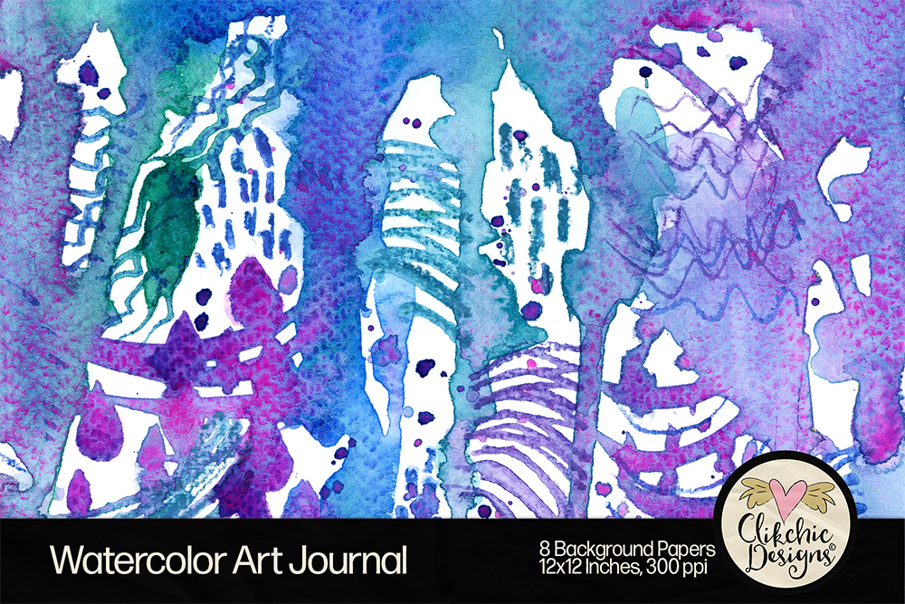 Detail view of blue and purple watercolor art journal background by Clikchic Designs with abstract brush textures and layered organic shapes for mixed media projects