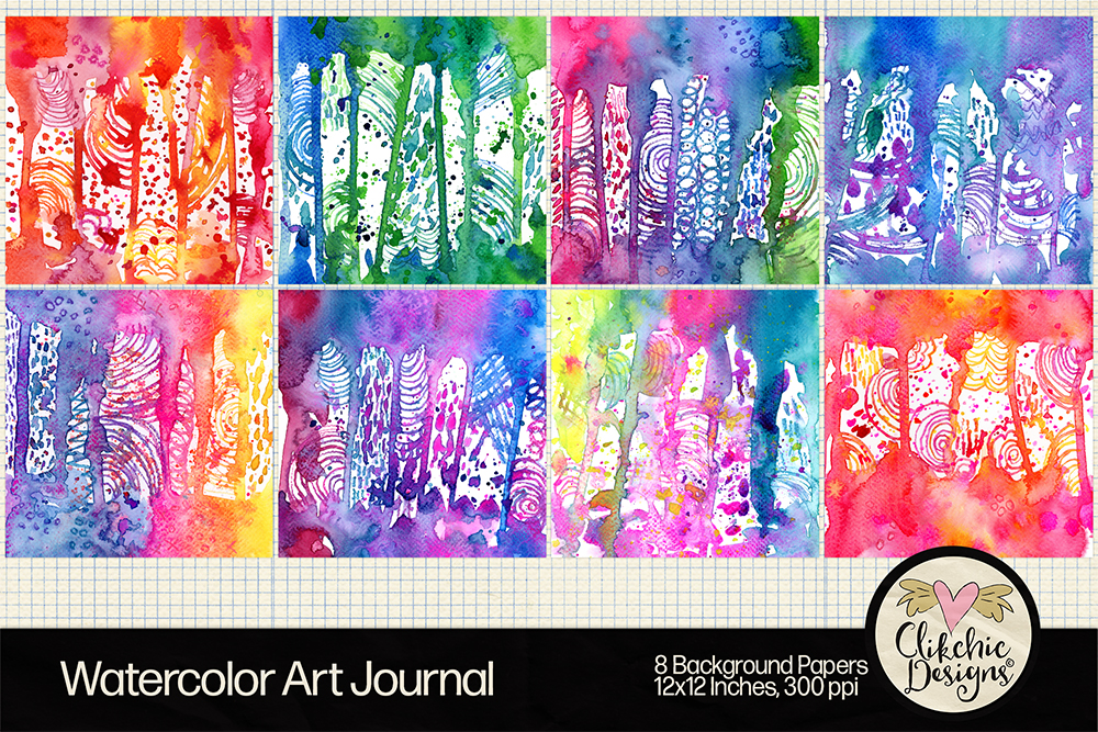 Grid display of 8 colourful watercolor background papers by Clikchic Designs featuring abstract brush strokes in rainbow tones for digital scrapbooking and journaling
