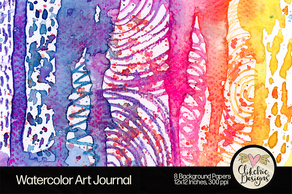 Detail view of pastel yellow, pink, and turquoise abstract watercolor art journal background by Clikchic Designs with expressive texture and paint splatter accents