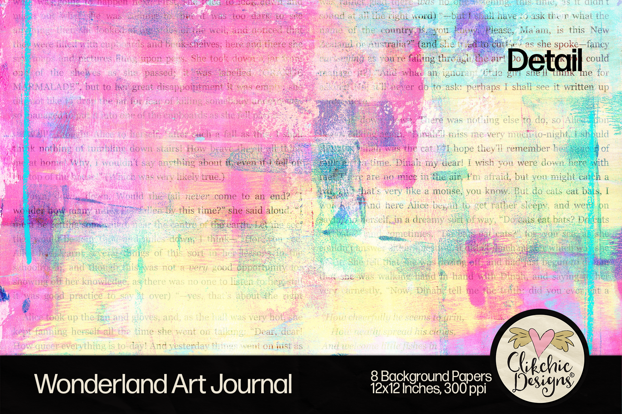 Wonderland Art Journal Printable Background by Clikchic Designs featuring alice in wonderland text and textured paint.