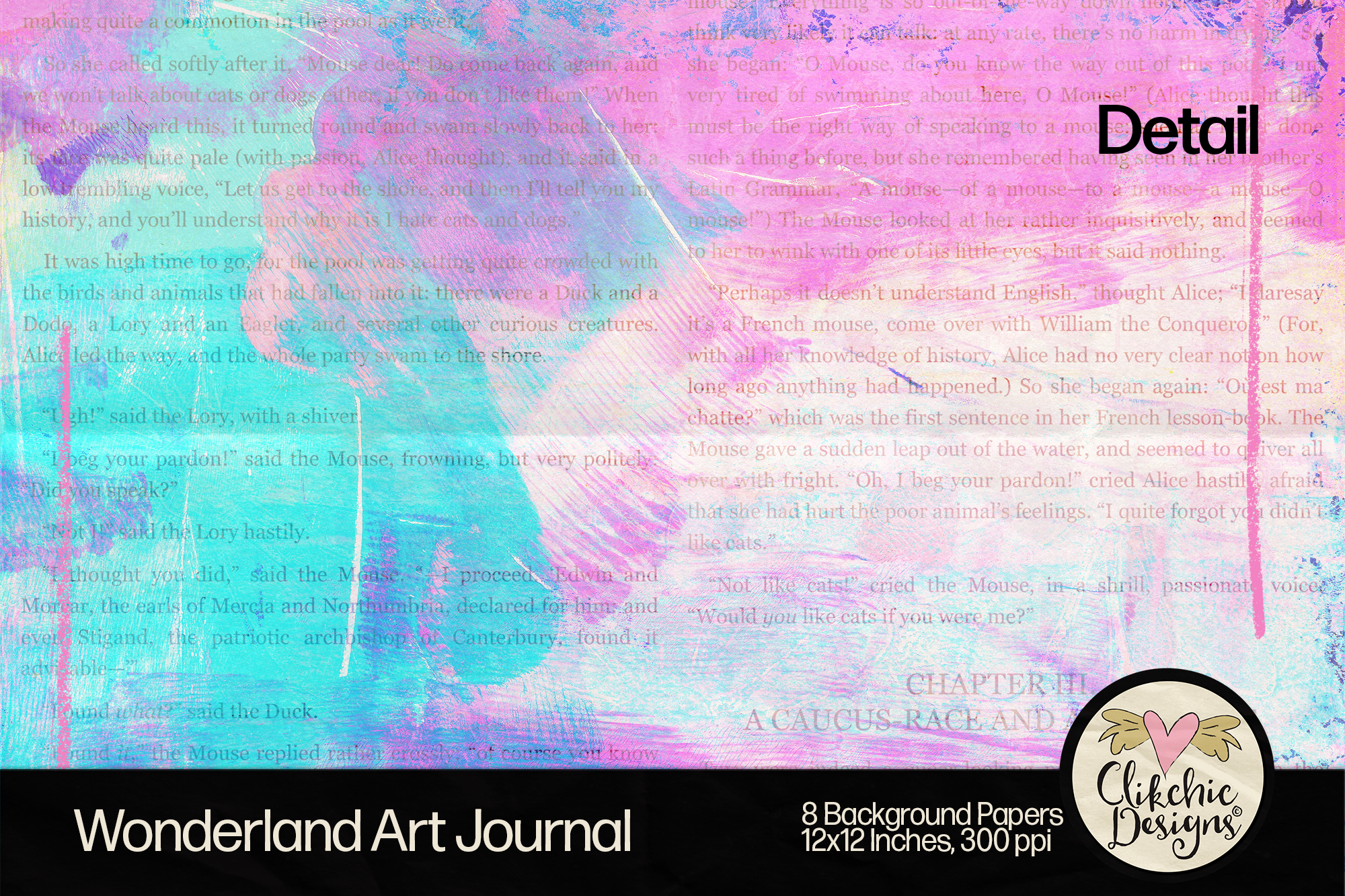 Wonderland Art Journal Printable Background by Clikchic Designs featuring alice in wonderland text and textured paint.