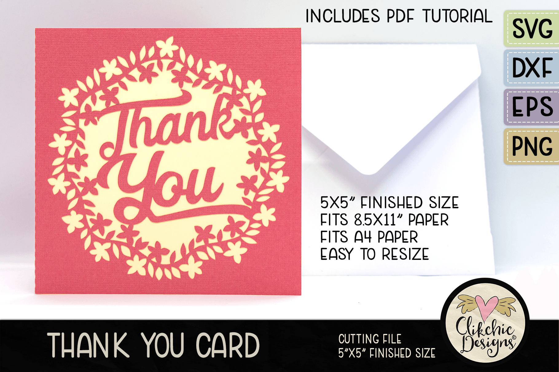 Floral Wreath Thank You SVG Square Card with Insert Cutting File