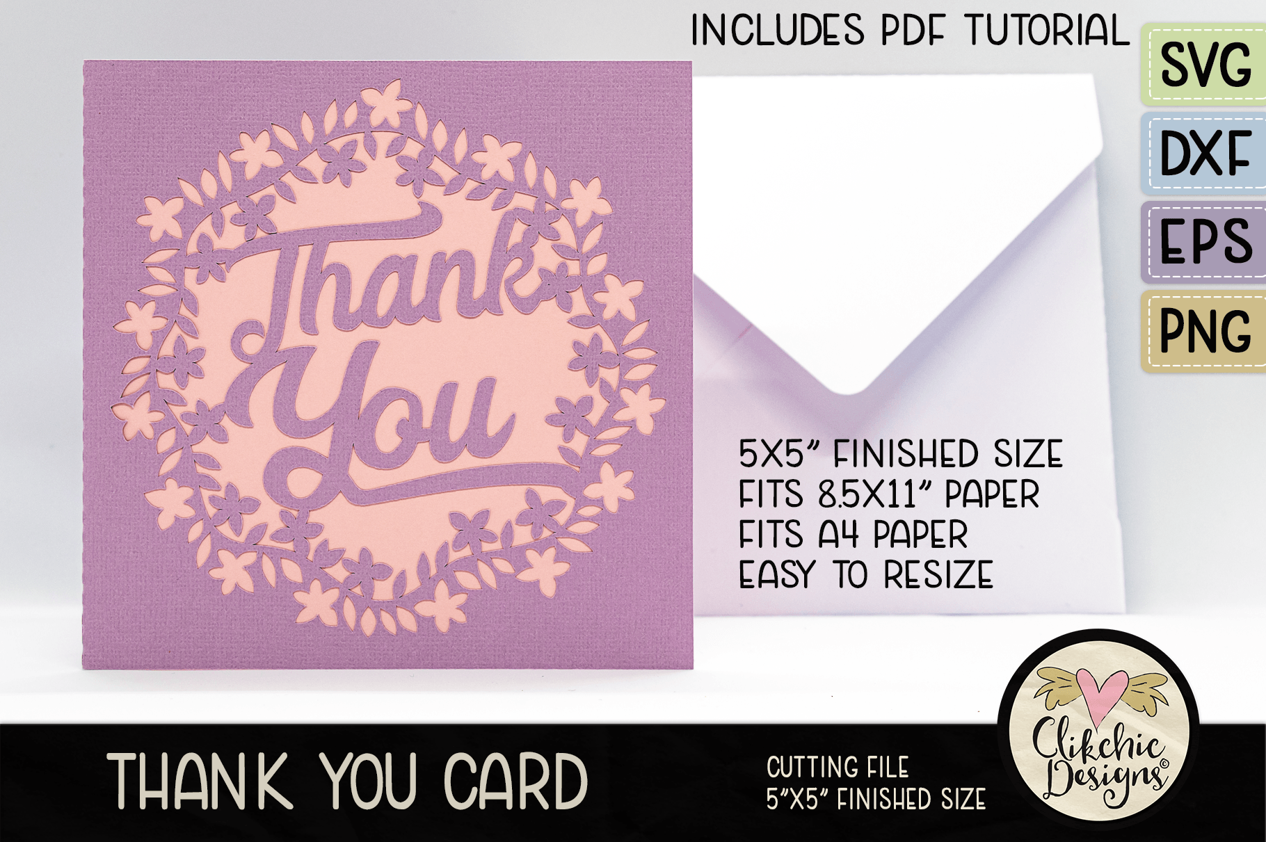 Floral Wreath Thank You SVG Square Card with Insert Cutting File