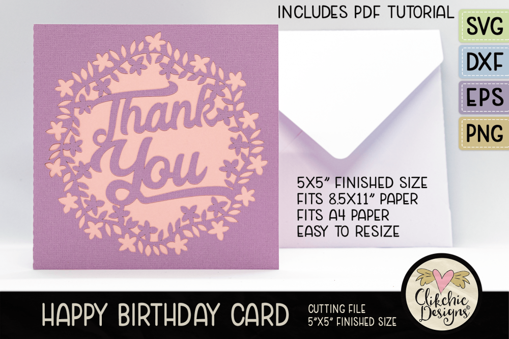 Floral Wreath Thank You SVG Square Card with Insert Cutting File