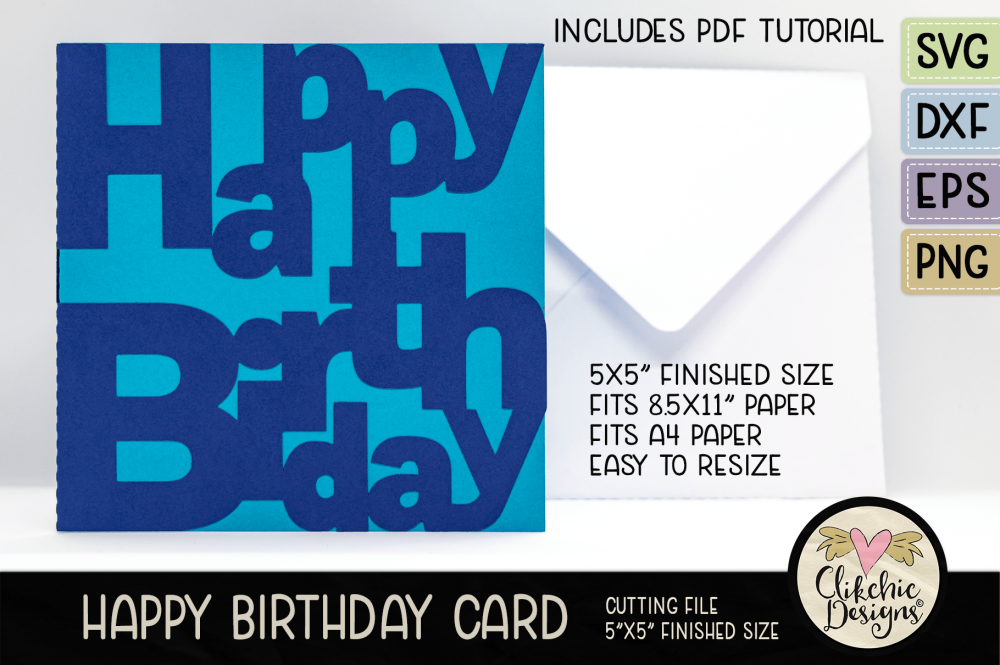 Happy Birthday Lettered Card SVG Cutting File, Blue letters on light blue background