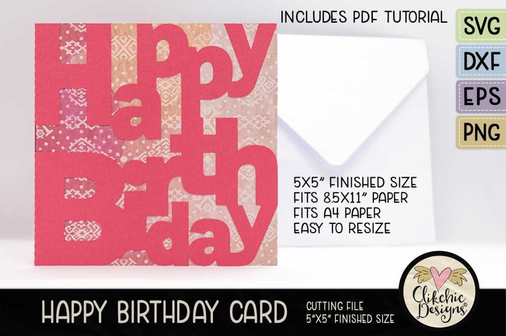 Happy Birthday Lettered Card SVG Cutting File, Pink Letters on Patterned background
