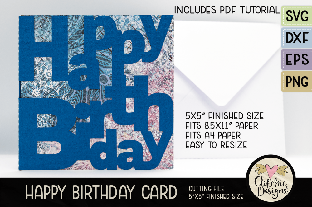 Happy Birthday Lettered Card SVG Cutting File, Blue Letters on Patterned background