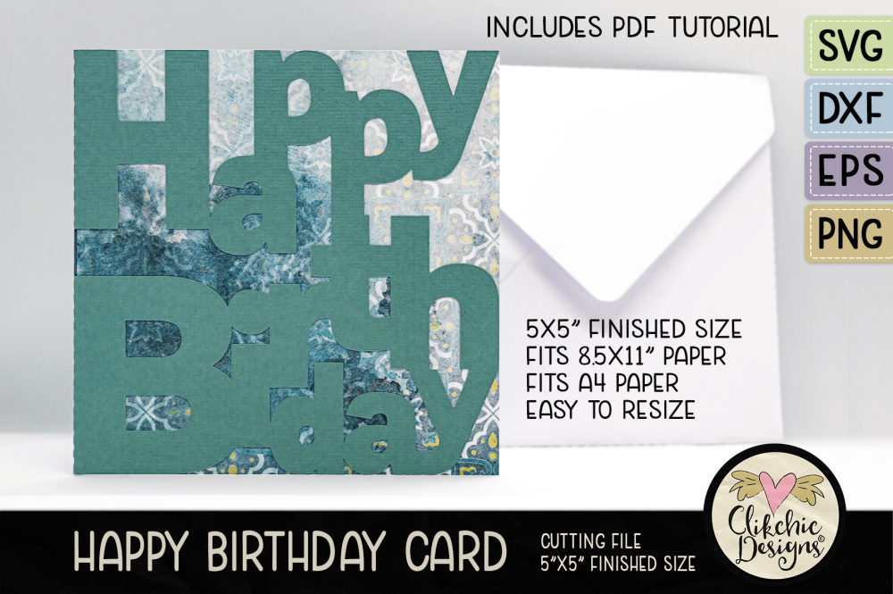 Happy Birthday Lettered Card SVG Cutting File, Green Letters on Patterned background