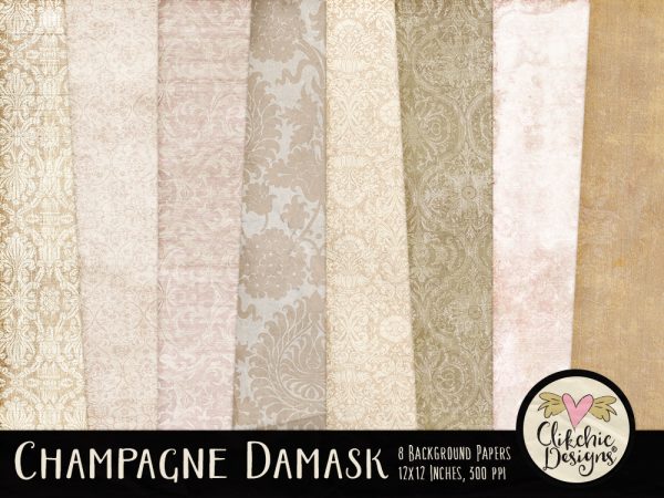 Champagne Damask Digital Scrapbook Paper Pack