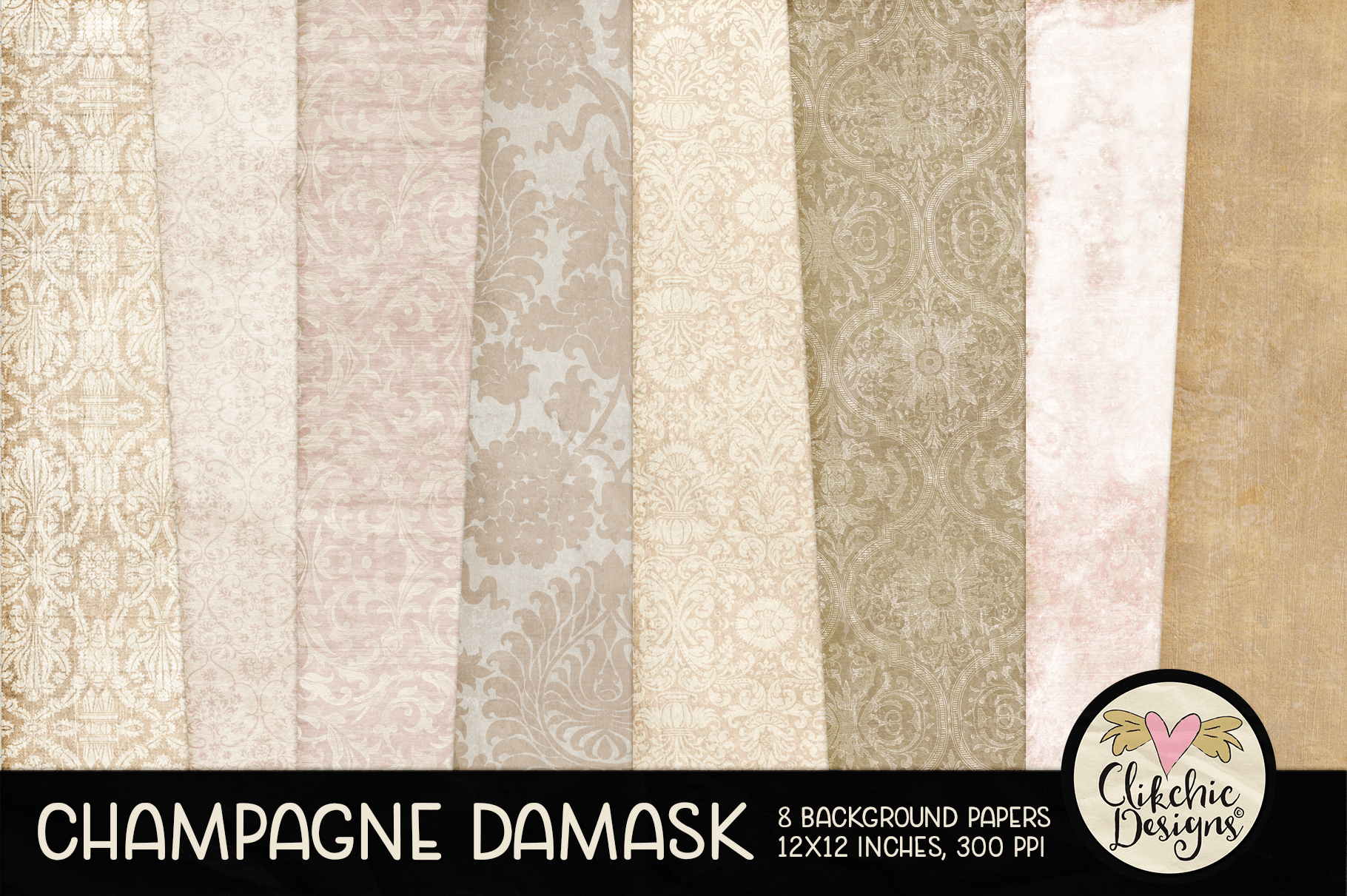 Champagne Damask Background Paper Pack by Clikchic Designs