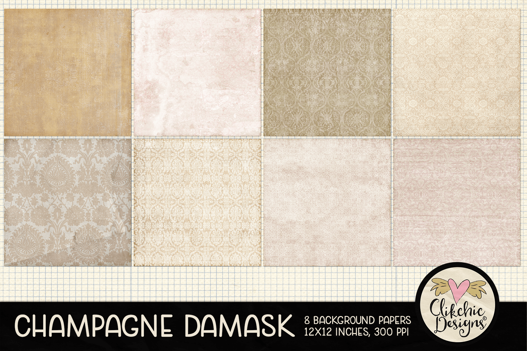 Champagne Damask Background Paper Pack by Clikchic Designs