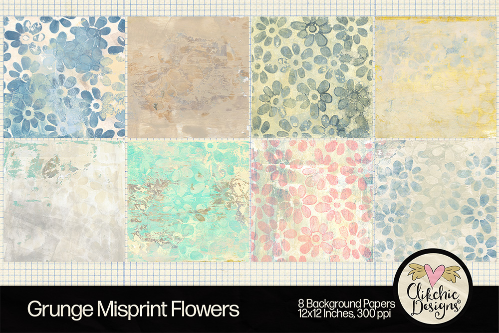 Floral Grunge Misprint Monoprint Printable Backgrounds by Clikchic Designs