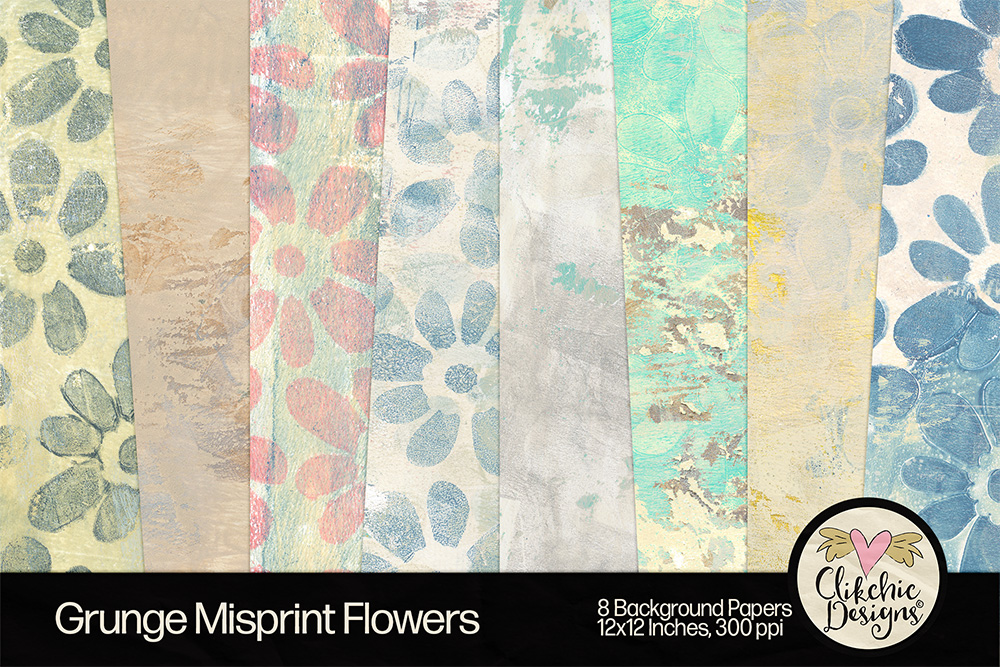 Floral Grunge Misprint Monoprint Printable Backgrounds by Clikchic Designs