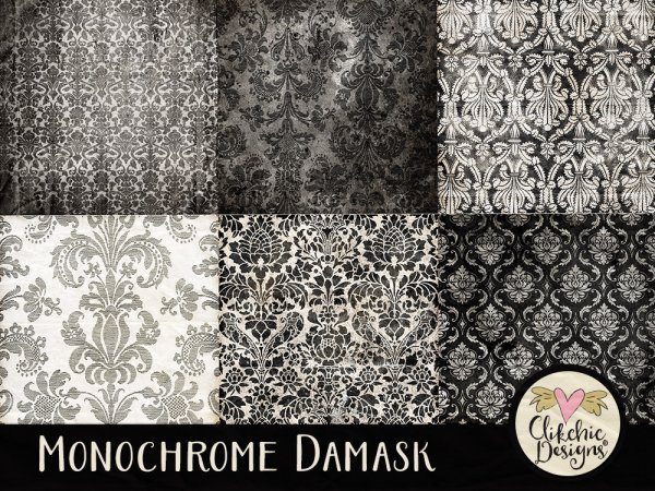Monochrome Damask Digital Scrapbook Paper Pack