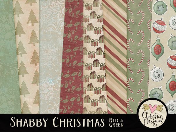 Red & Green Shabby Christmas Digital Scrapbook Paper Pack